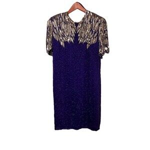 Vintage Formal Sequins Silk Beaded Dress Stenay 80’s Glamour Scallop Sleeves 14